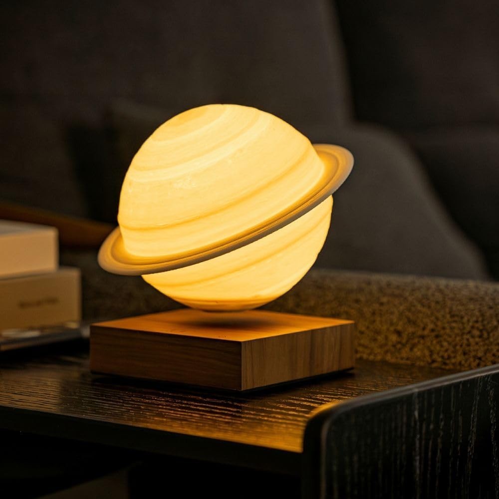 Levitating Saturn Lamp Walnut Wood Base 3D Printed Floating Night Light
