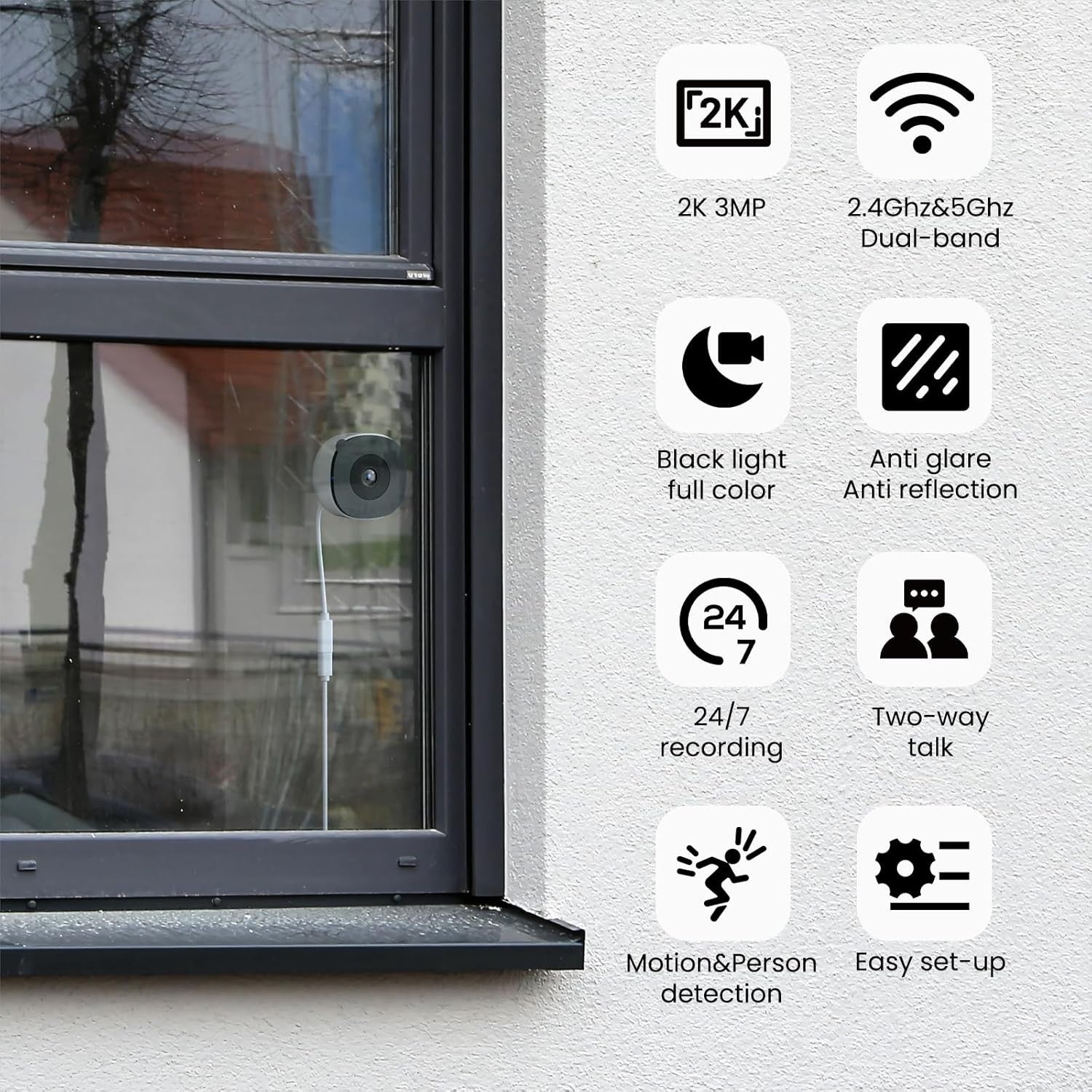 2K Window Security Camera Dual Band WiFi AI Detection Night Vision