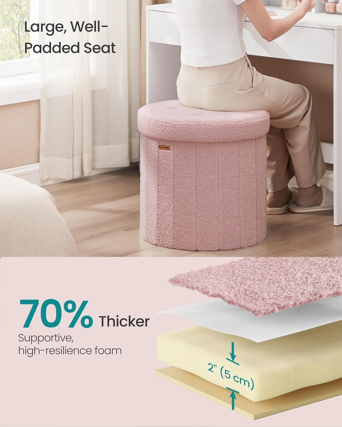 Jelly Pink Teddy Fleece Round Storage Ottoman Foldable Footstool 46cm