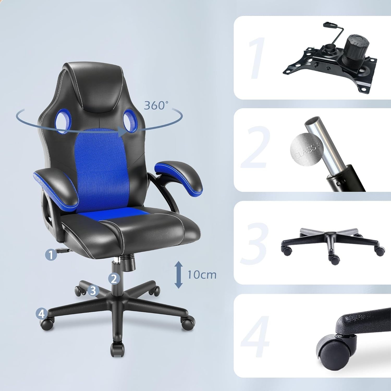 Ergonomic Recliner Office Chair Faux Leather Desk Seat Lumbar Support Blue