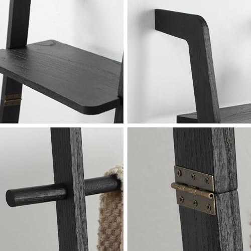 67in Black Wood Blanket Ladder with Top Shelf Hooks 5-Tier Farmhouse Rack