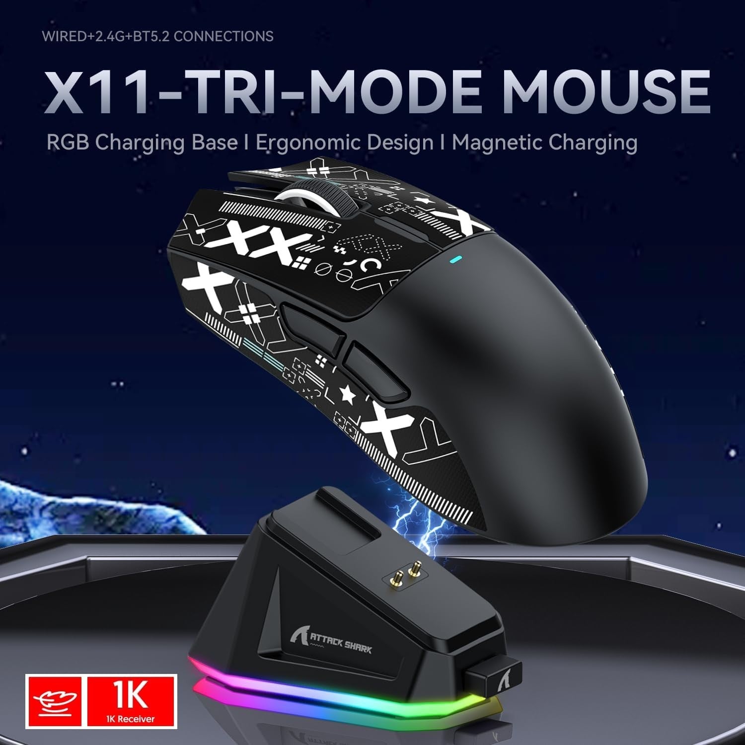 Wireless Gaming Mouse 22000 DPI RGB Dock BT 2.4G USB Black Grip