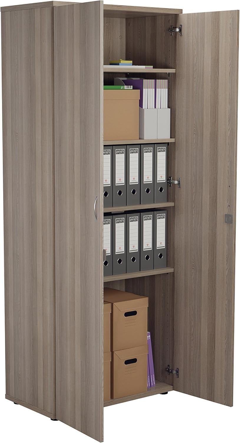Tall Grey Oak Lockable Office Cupboard 4 Shelf Storage Cabinet 200cm