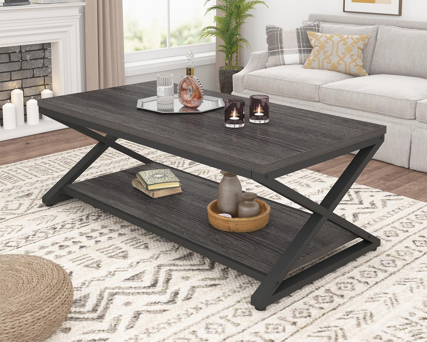 Industrial Grey Coffee Table with Storage Shelf – Modern 47" Metal Wood Design