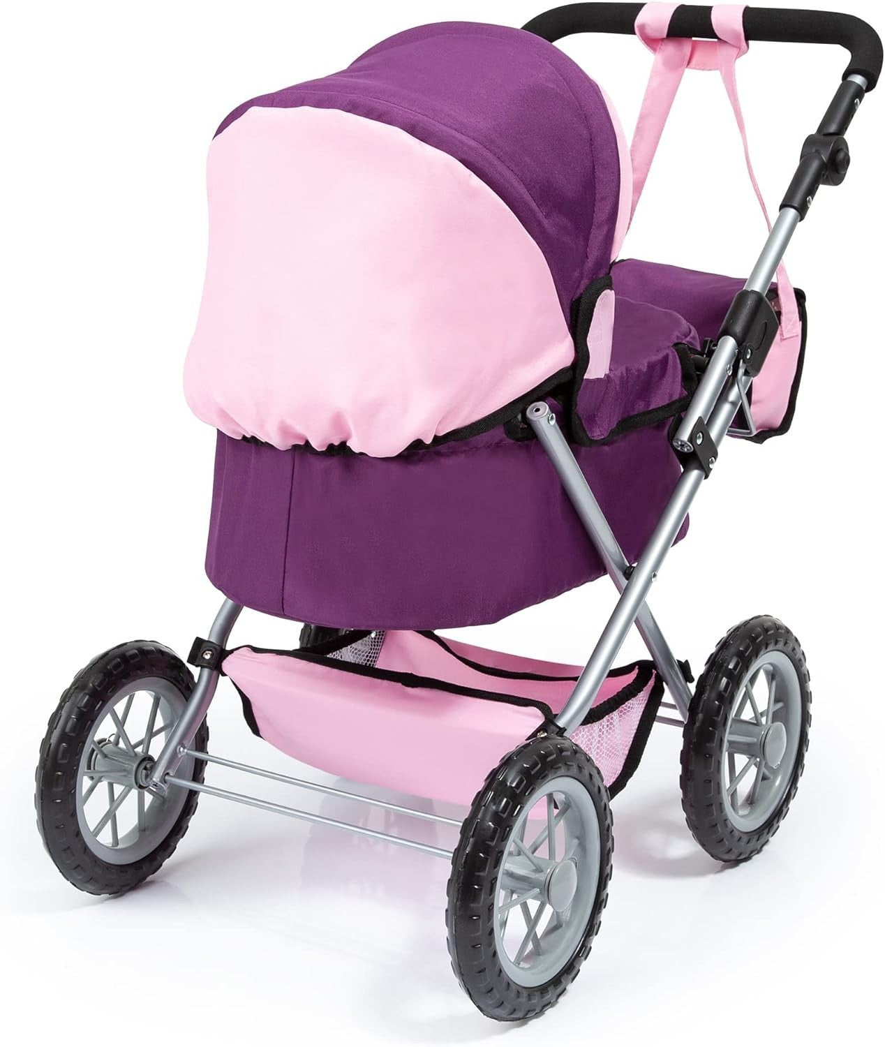 Doll Pram Stroller Foldable Height Adjustable Handle Basket Bag Purple