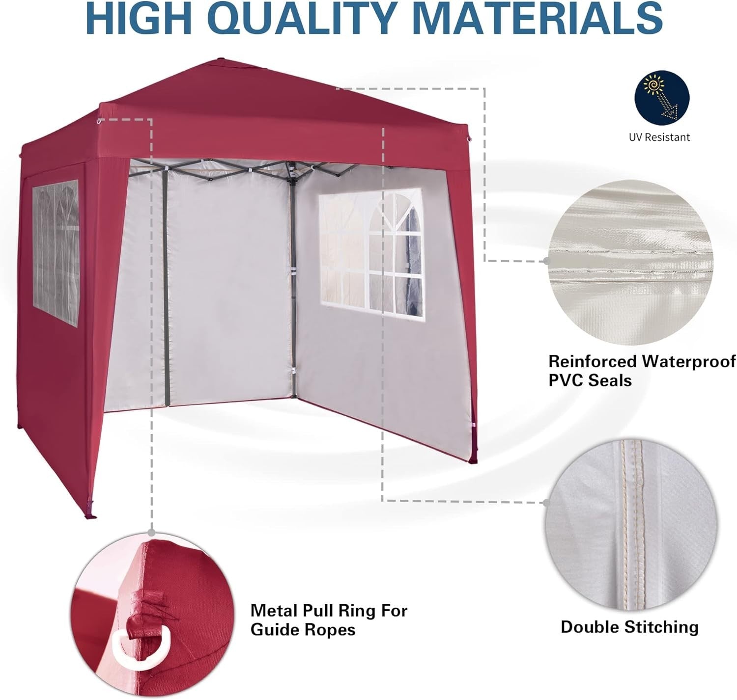 2x2m Pop Up Gazebo Waterproof w/ Sides Red Silver Protective Canopy