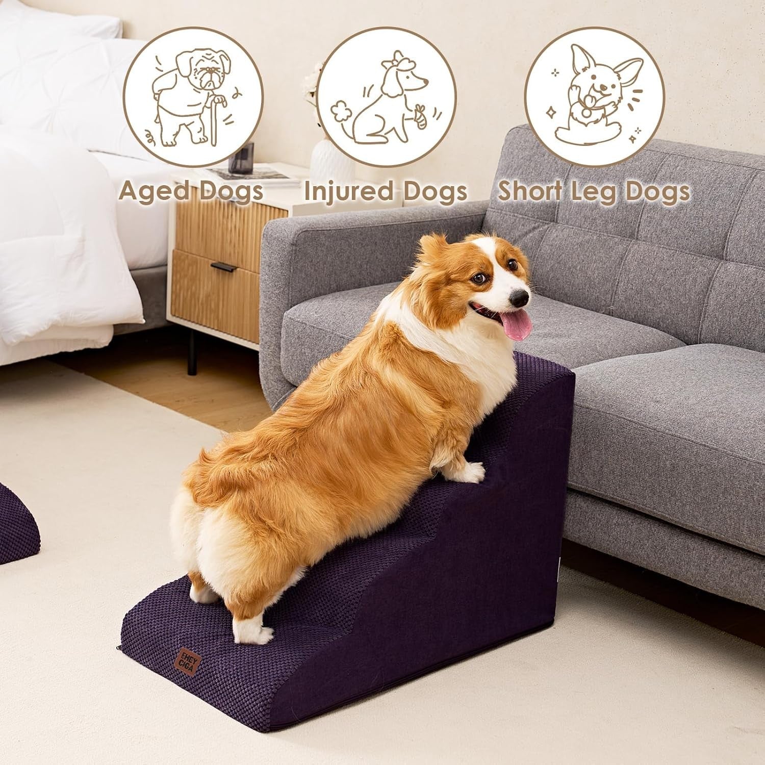 4 Step Dog Stairs for High Bed Non Slip Foam Pet Steps Purple