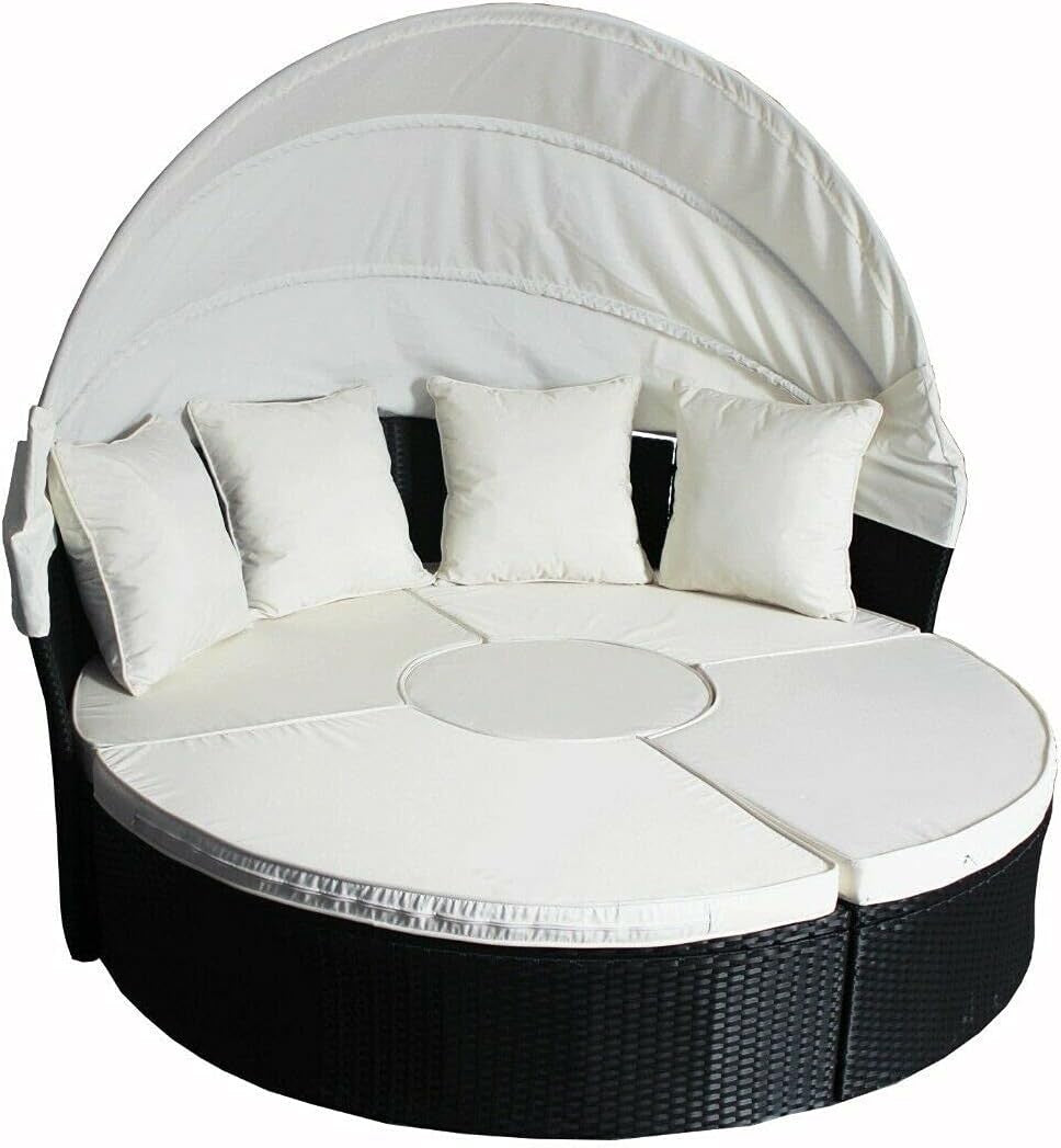 AuraHome 180cm Round Rattan Outdoor Daybed with Cream Cushions & Canopy