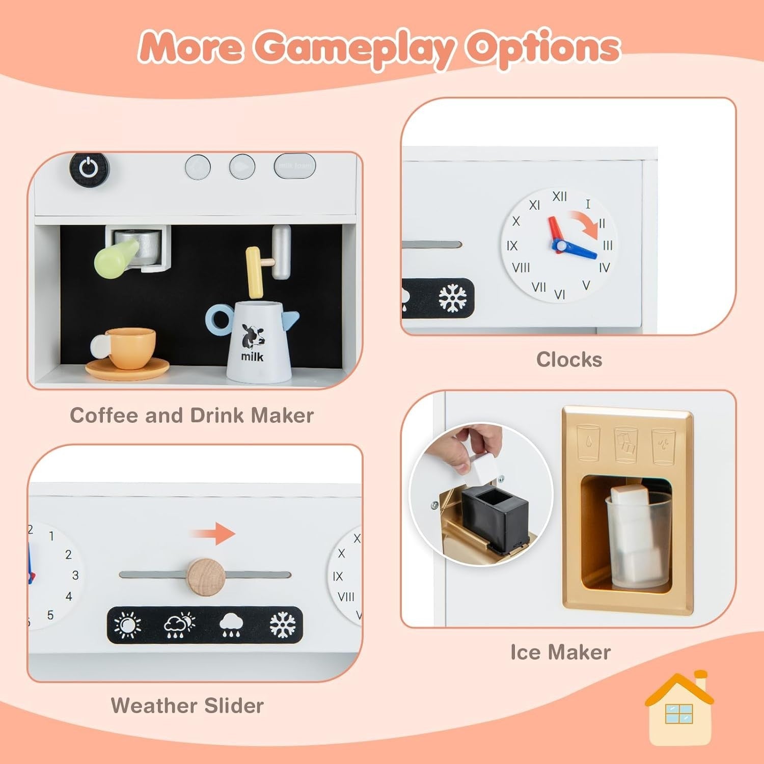 Kids Wooden Play Kitchen White w/ Ice Maker Microwave Accessories