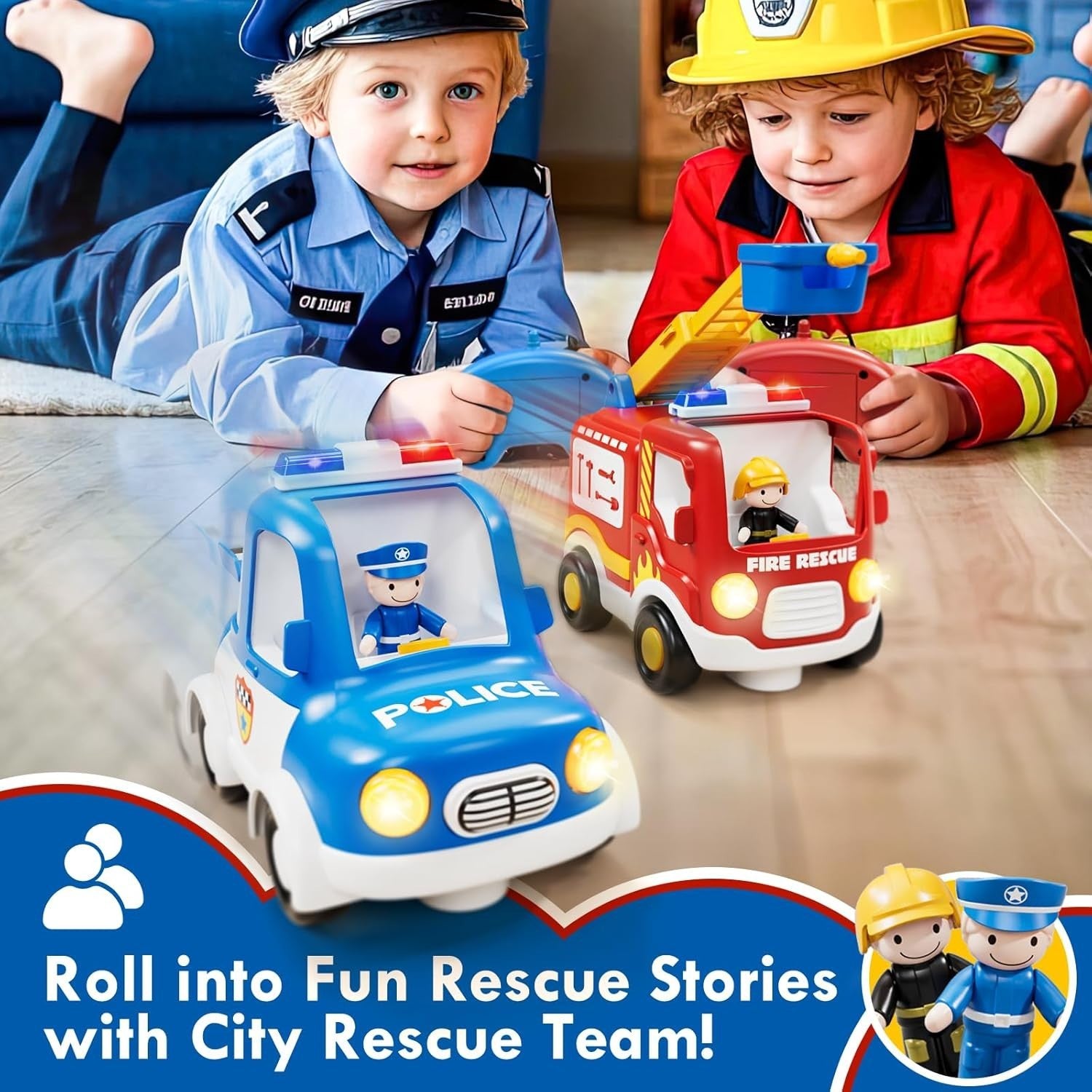 Toddler RC Police Car & Fire Truck Toy Set Lights Sounds Gift Kids 2–4