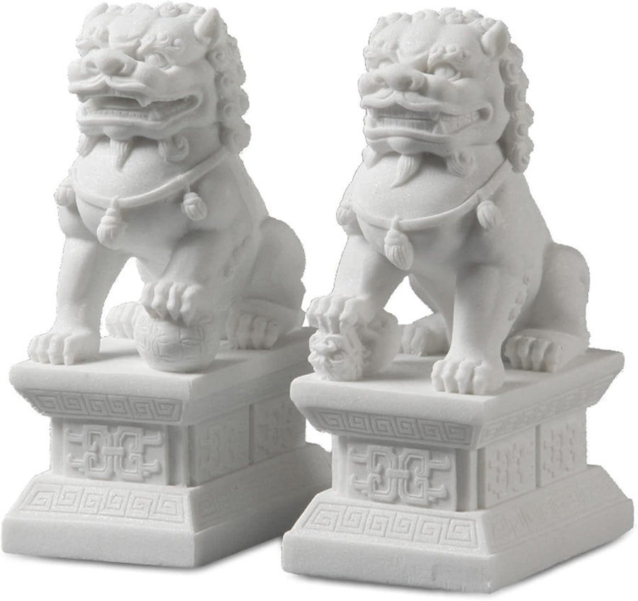 18cm Foo Dog Lion Statues Pair Stone-Effect Feng Shui Guardian Home Garden Decor