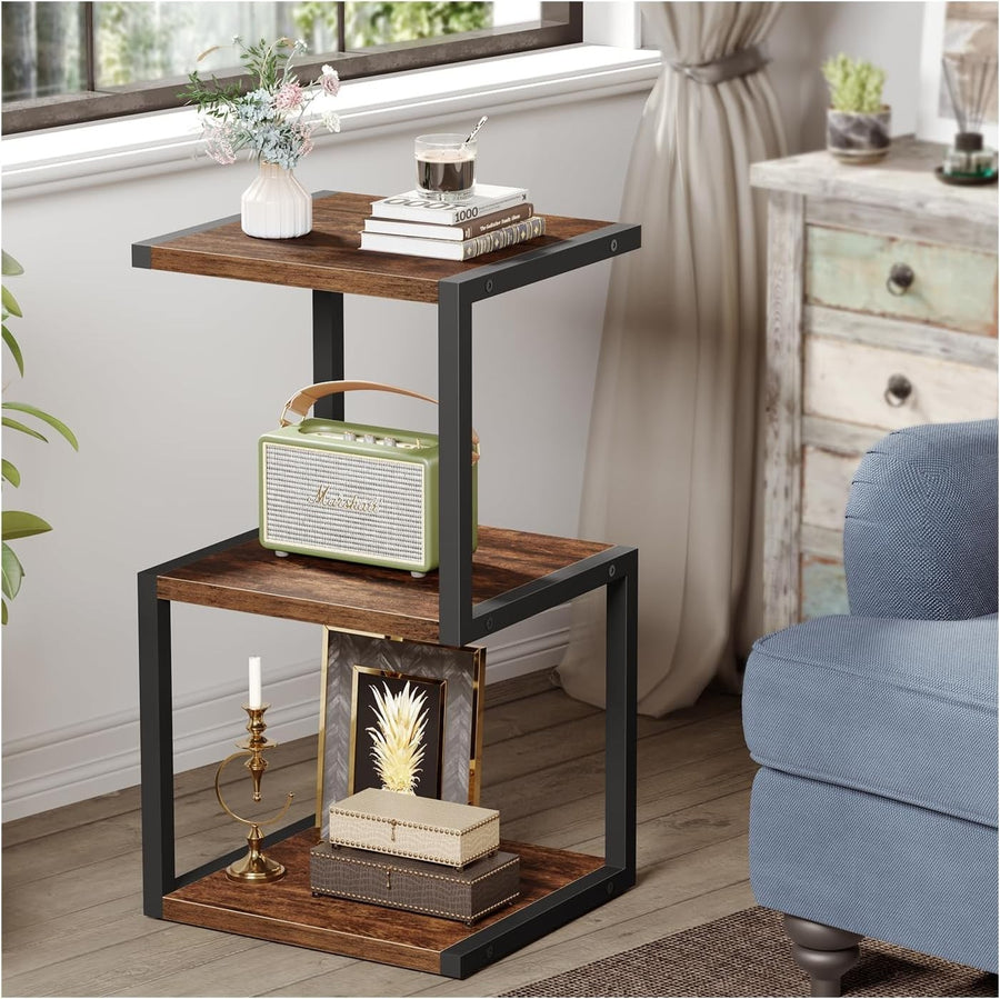 3-Tier S-Shape Side Table with Storage | Compact Rustic Brown Nightstand 40x30x7