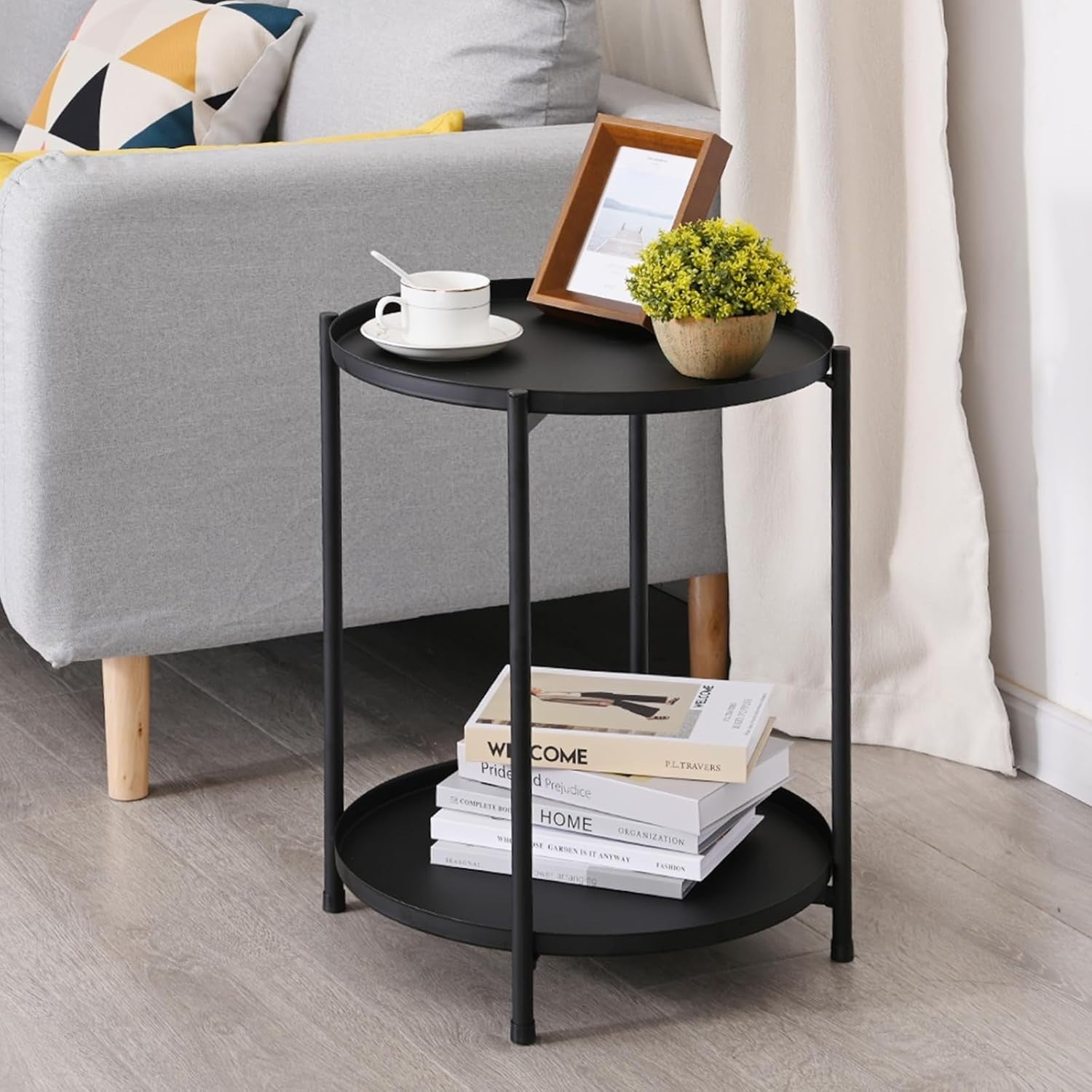 2-Tier Round Side Table with Removable Metal Tray, Sturdy Anti-Rust Coffee Table