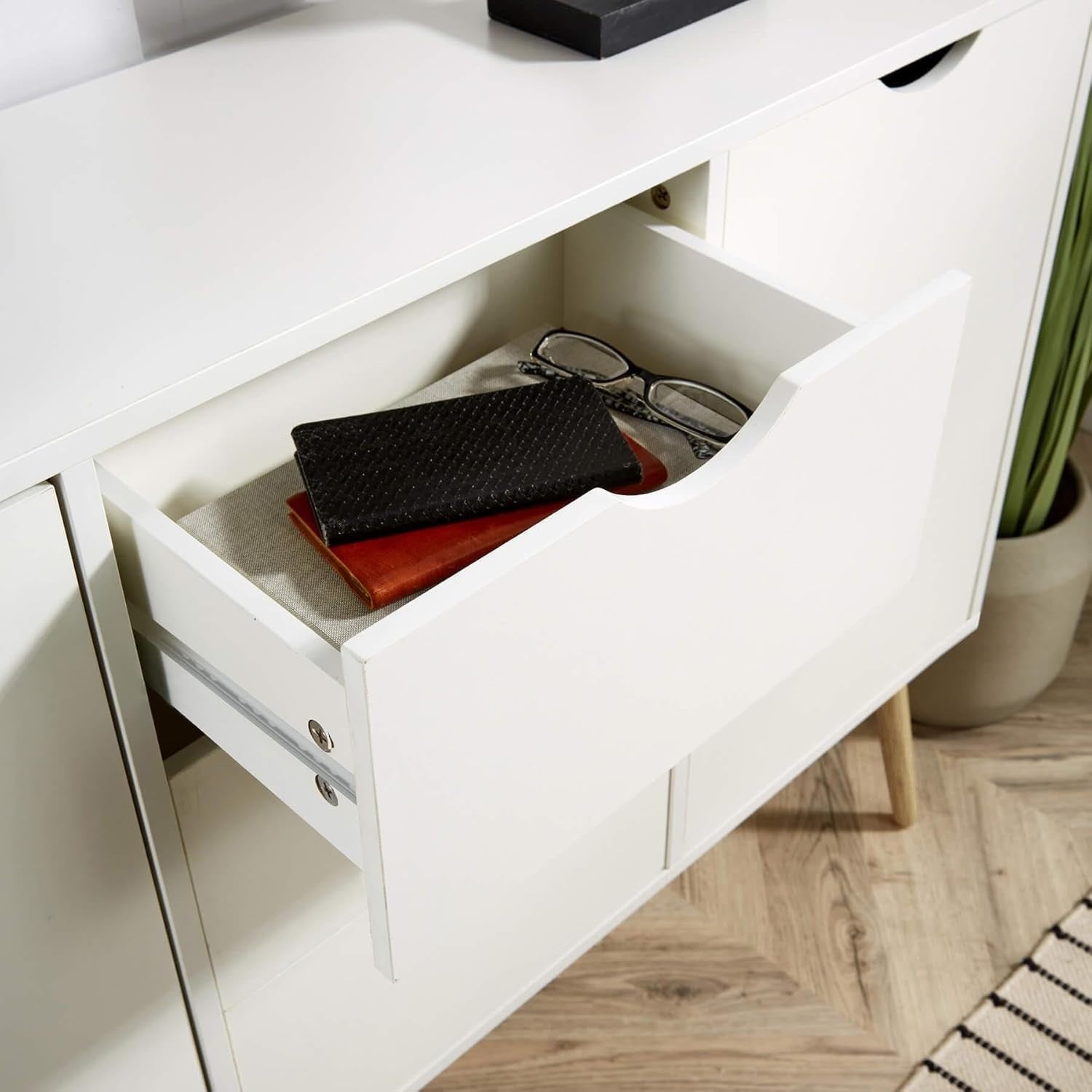 White Scandi Sideboard Cabinet 3 Drawers 2 Doors Solid Wood Legs Storage