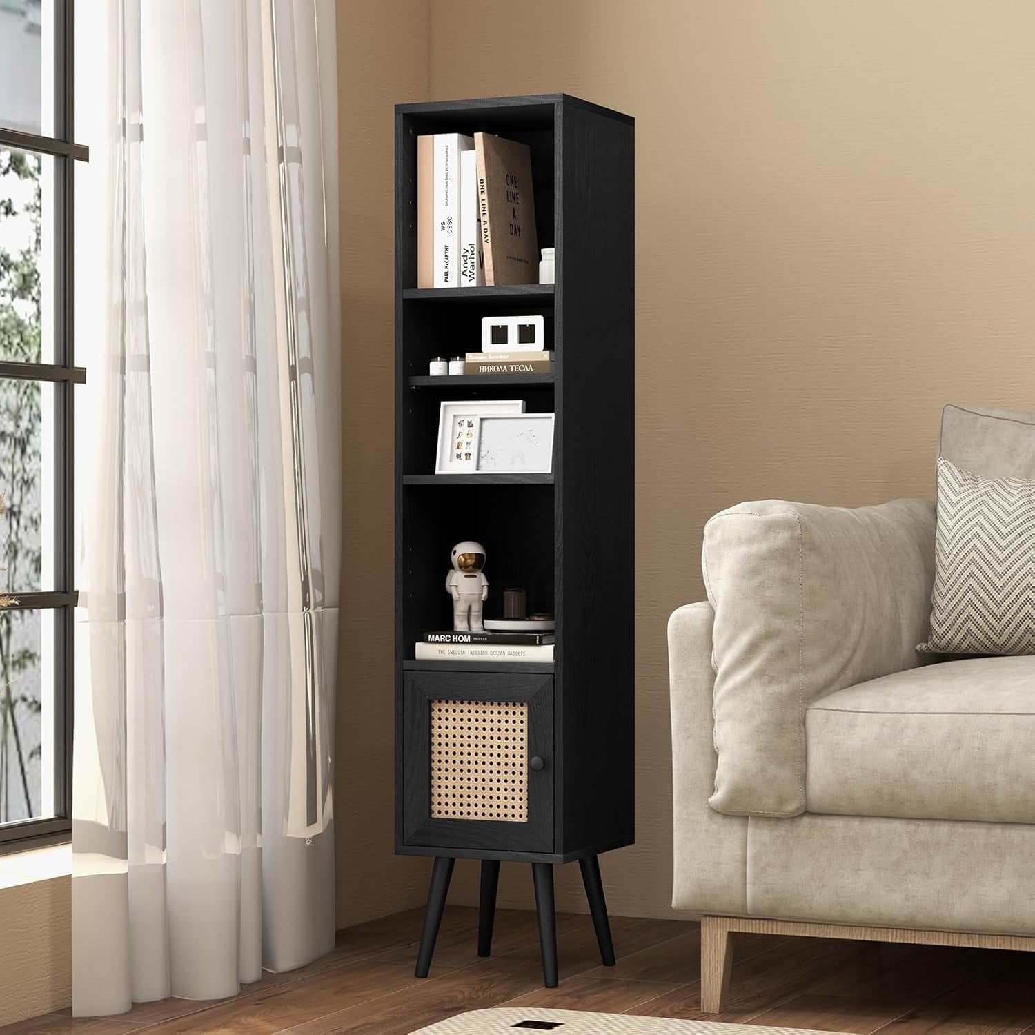 Slim Tall 6-Tier Bookcase with Cabinet Modern Black Storage Shelf Unit