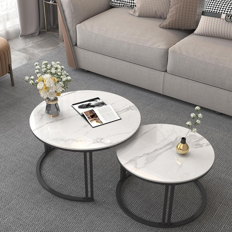 Round Nesting Coffee Table White Sintered Stone Metal Legs Space Saving Luxury