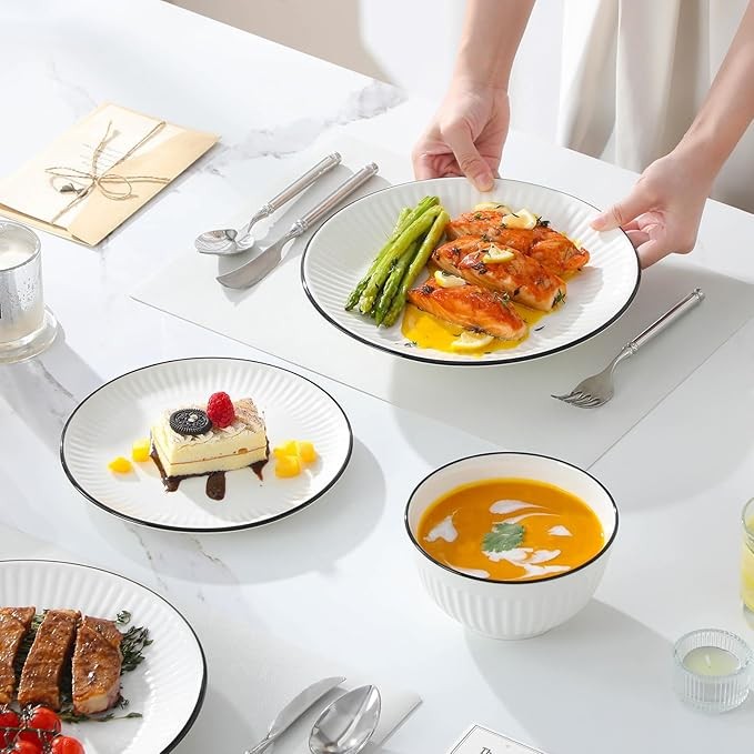 18 Piece White Dinner Set for 6 Embossed Porcelain Plates Bowls Black Rim
