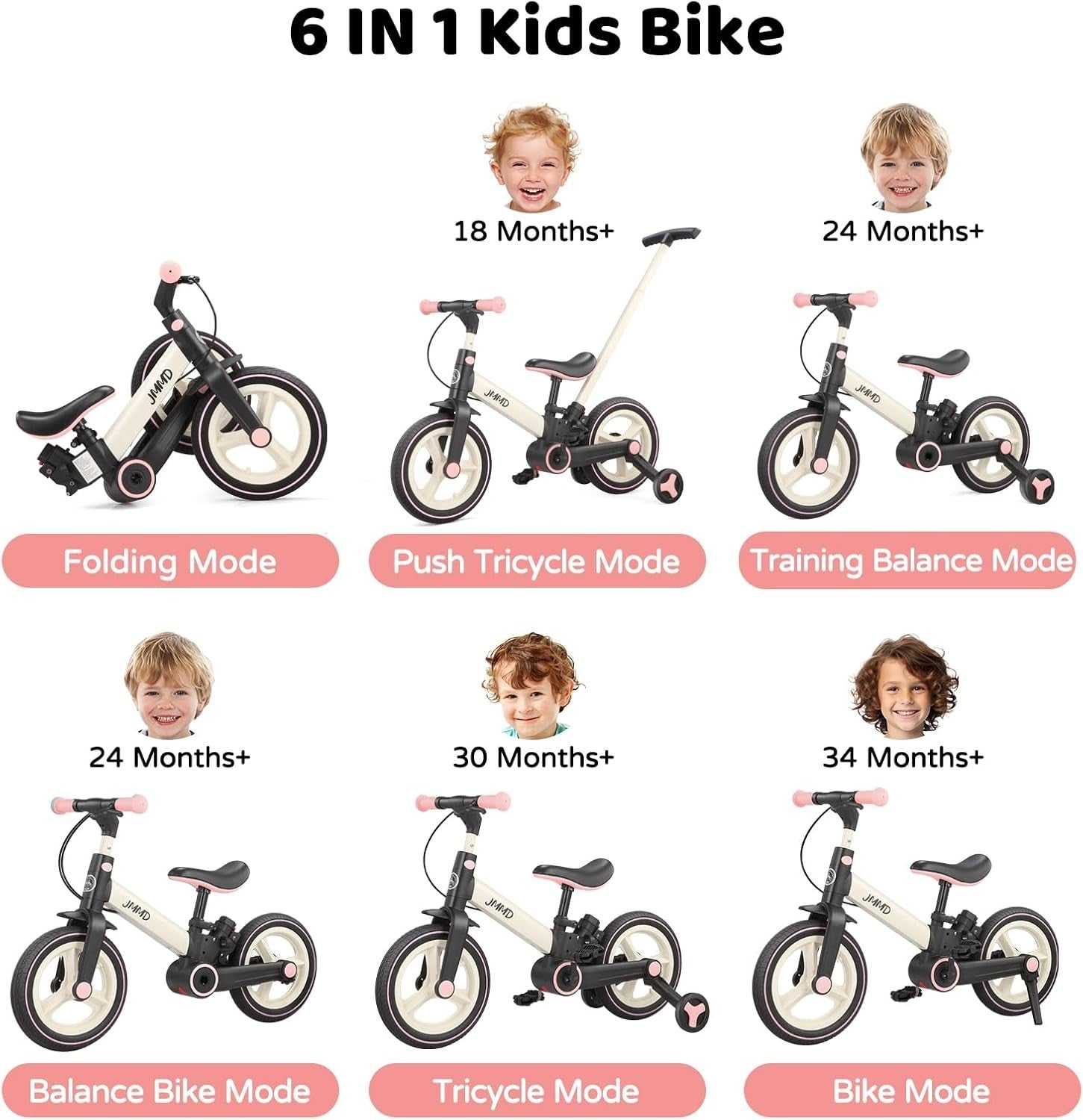 6 in 1 Toddler Bike Balance Pedal Bike Training Wheels Push Handle Pink