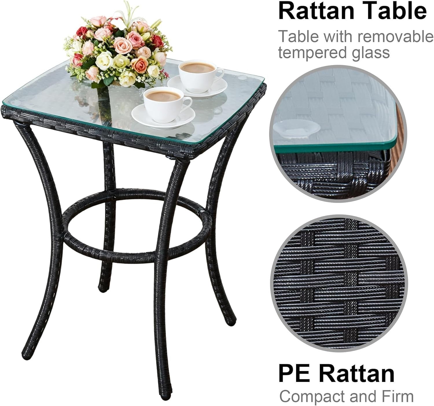 3pc Rattan Bistro Set Balcony Garden Chairs Glass Table Patio Outdoor Seating