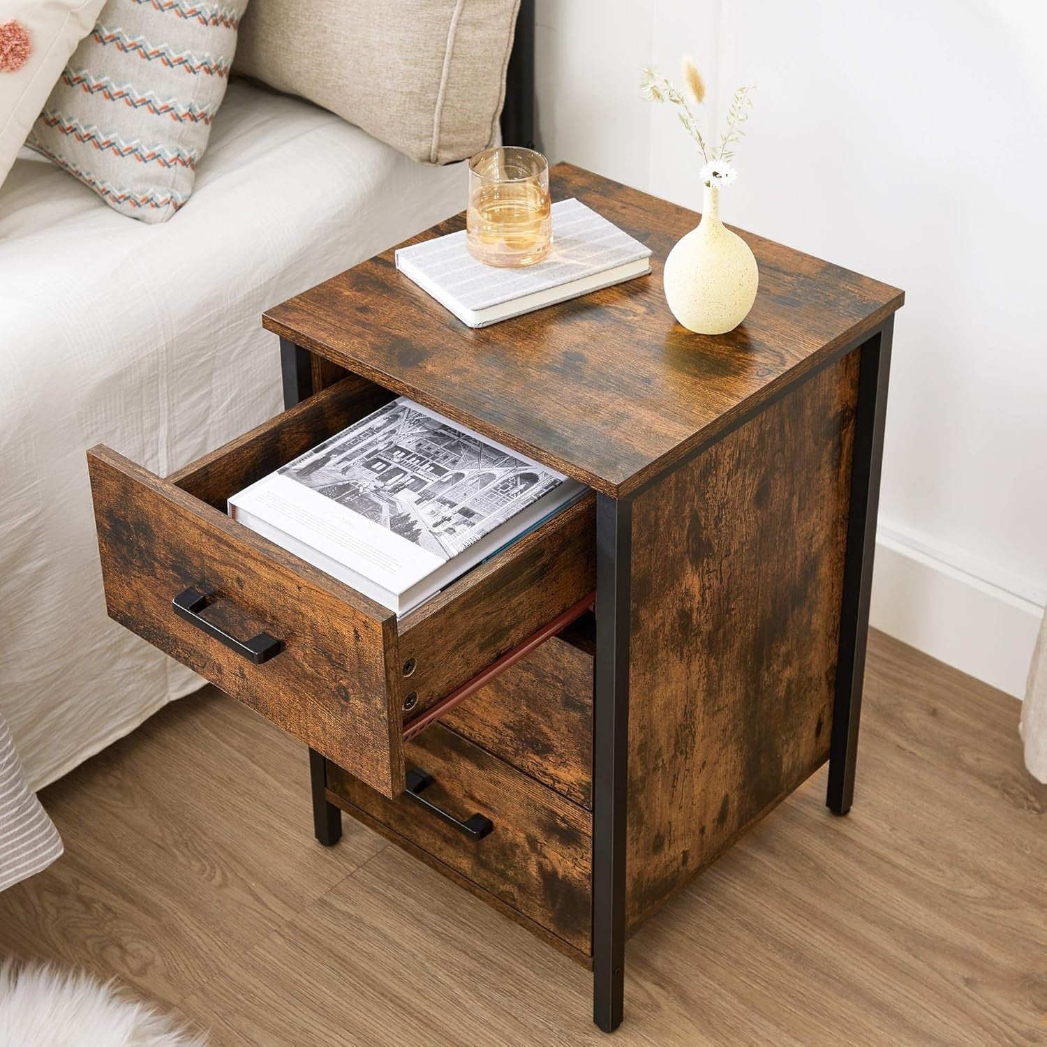 Rustic Industrial Bedside Table with 3 Drawers – Brown & Black Wood Nightstand