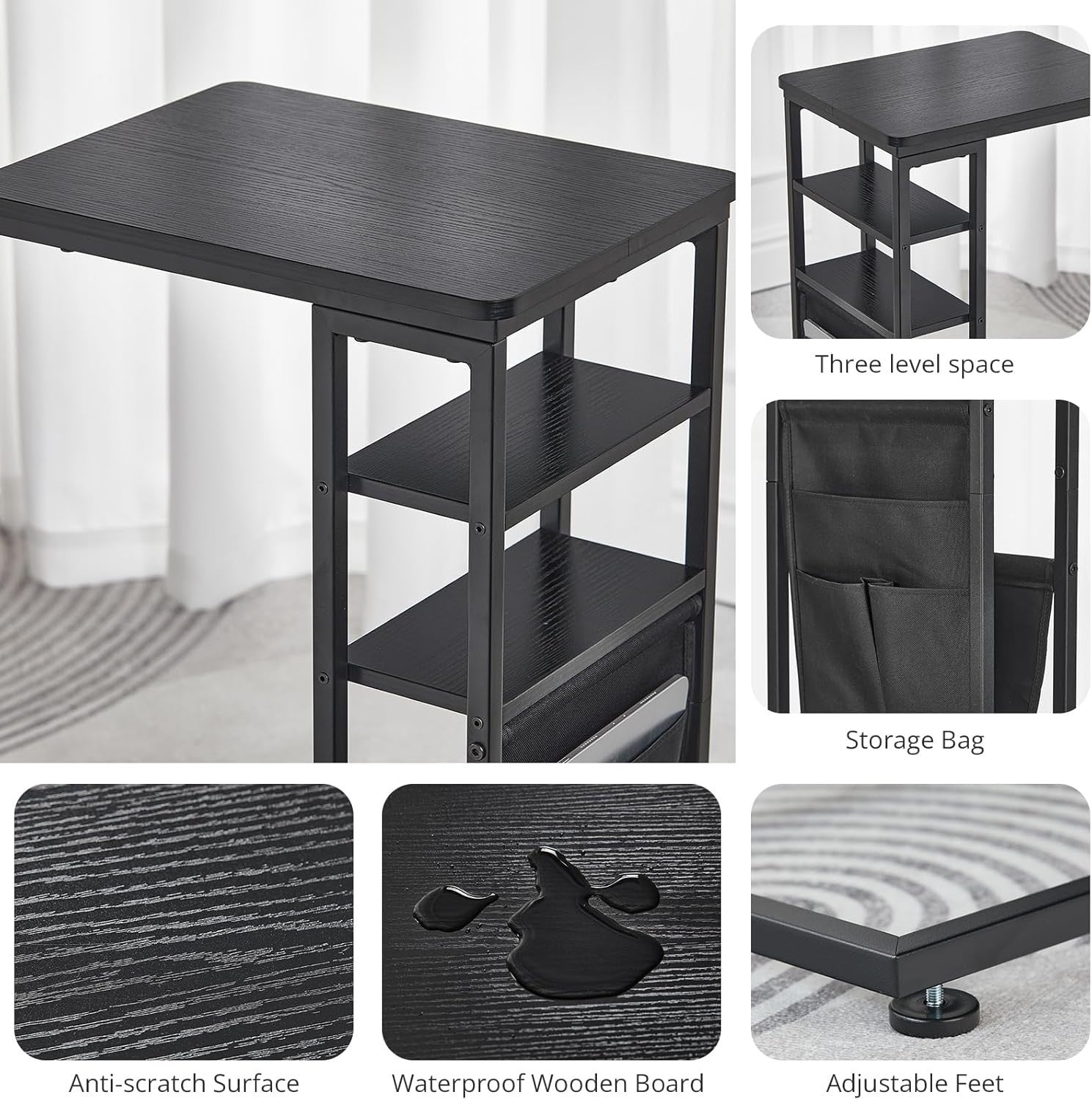 Black C-Shaped End Table 3-Tier Slim Side Table with Storage Bag for Sofa