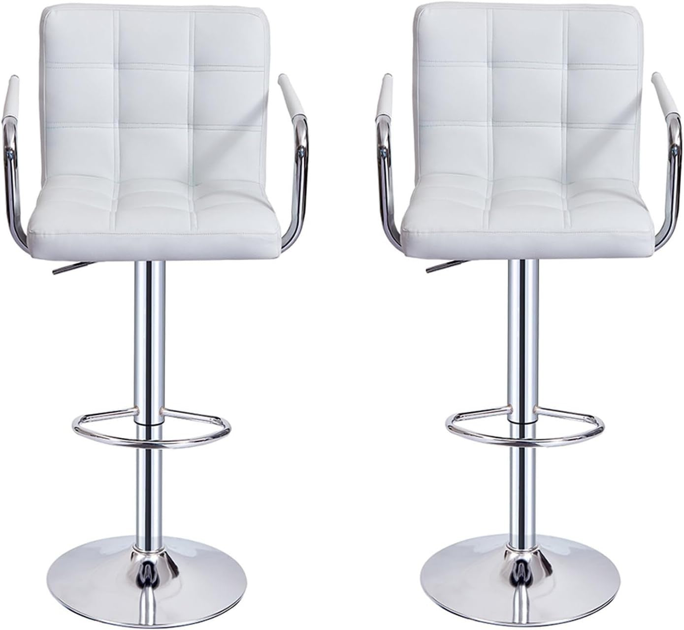 Set of 2 White Adjustable Swivel Bar Stools with Armrests & PU Leather