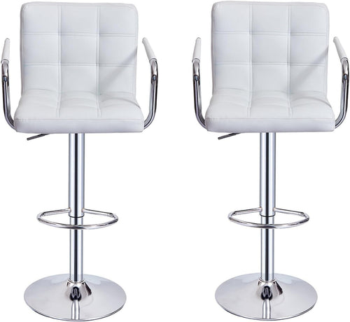 Set of 2 White Adjustable Swivel Bar Stools with Armrests & PU Leather