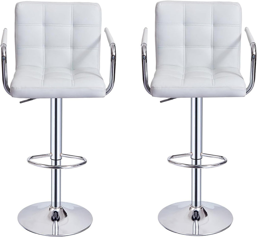 Set of 2 White Adjustable Swivel Bar Stools with Armrests & PU Leather