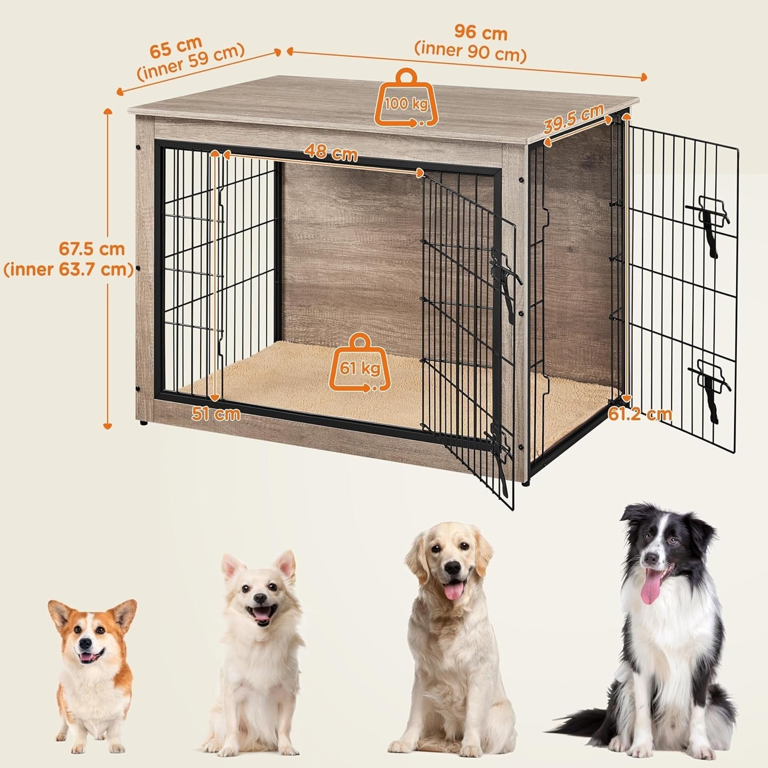 Stylish Medium Dog Crate Furniture with Cushion & Double Doors 96x65x67.5cm