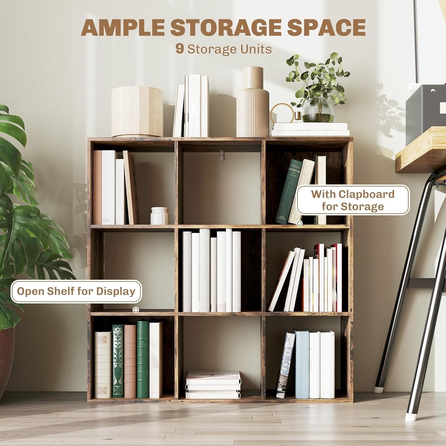 3 Tier Rustic Brown Cube Bookcase Room Shelf 9 Open Storage Compartments Display