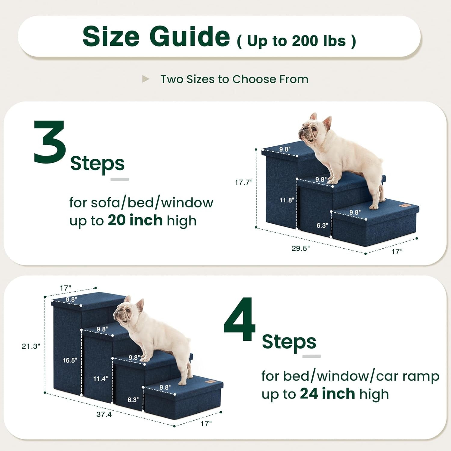 Dog Stairs 3 Step with Storage 18" High Foldable Pet Steps Navy