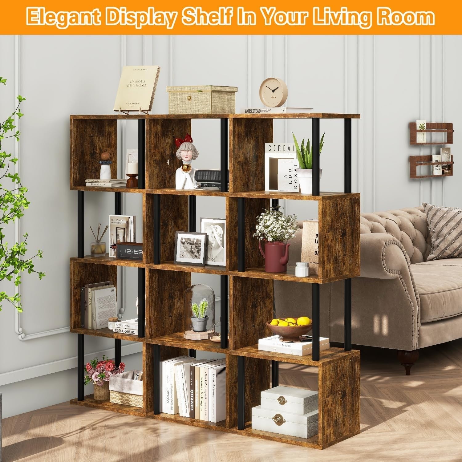 5 Tier S Shaped Bookcase Rustic Brown Modern Wood Display Storage Shelf 155cm