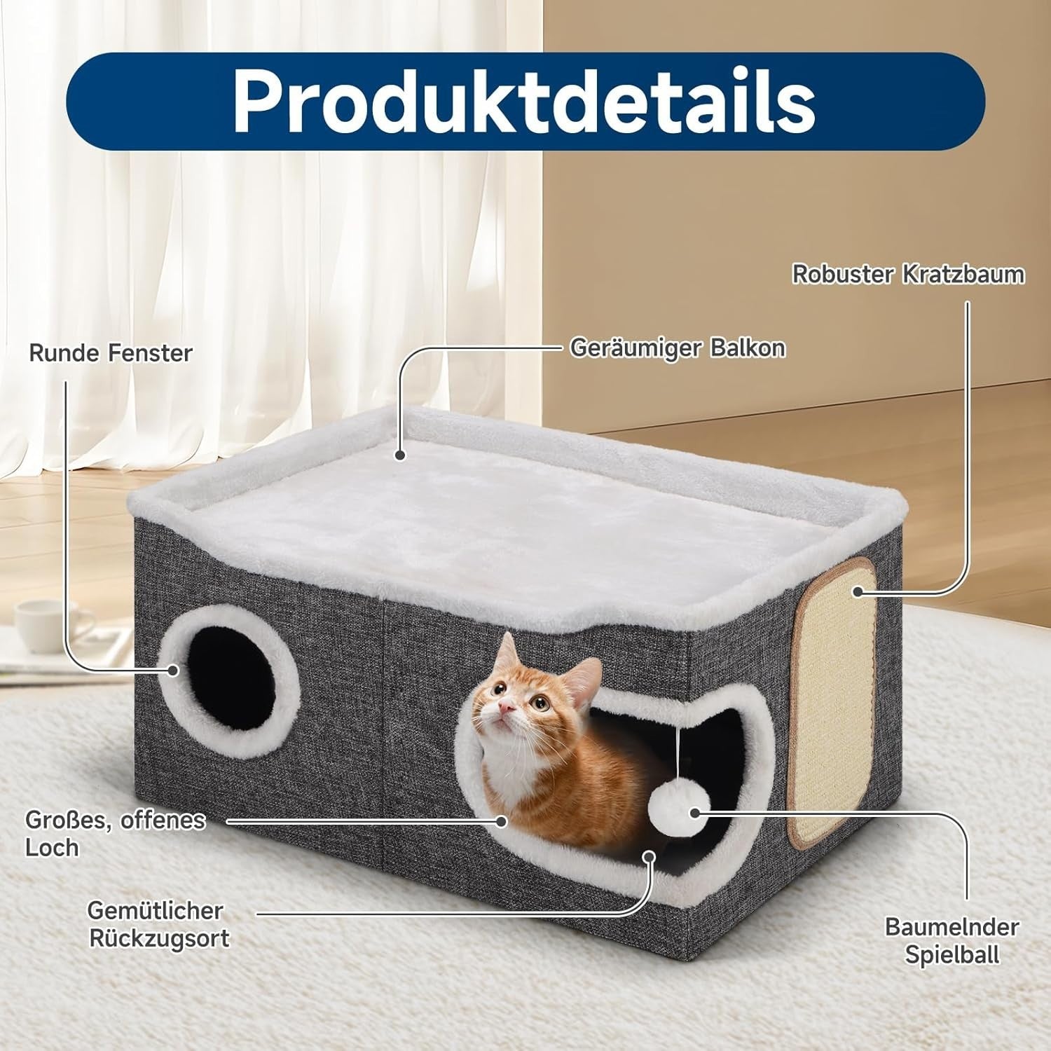 Extra Wide Cat Cube House 2 Layer Cat Cave Bed Foldable w Scratch Pad