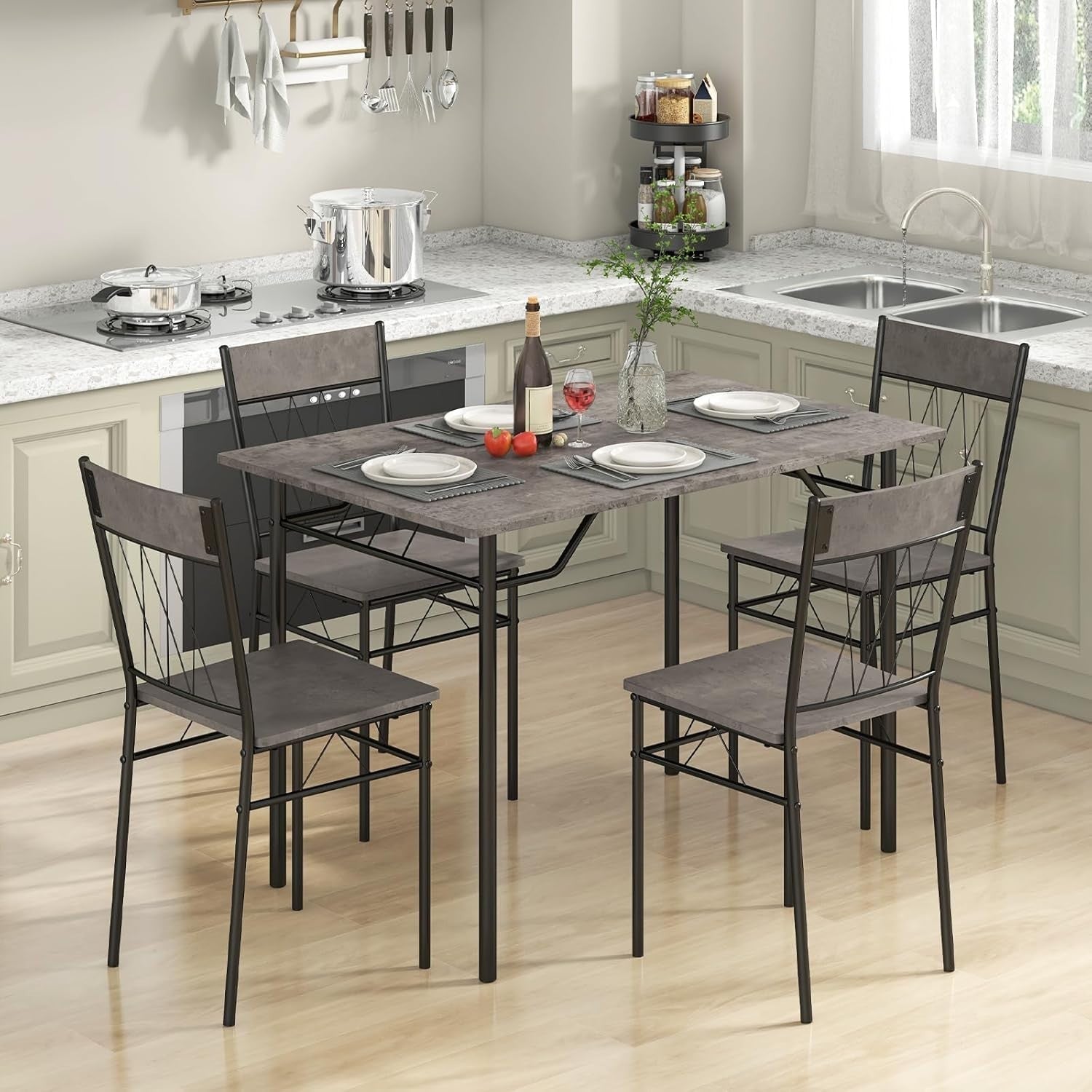 Gray Cement Texture Dining Table Set 4 Chairs | Space-Saving Kitchen Fit