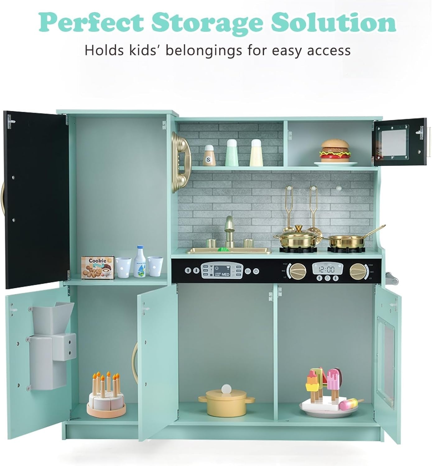Kids Wooden Play Kitchen w/ Ice Maker Chalkboard Green Toy