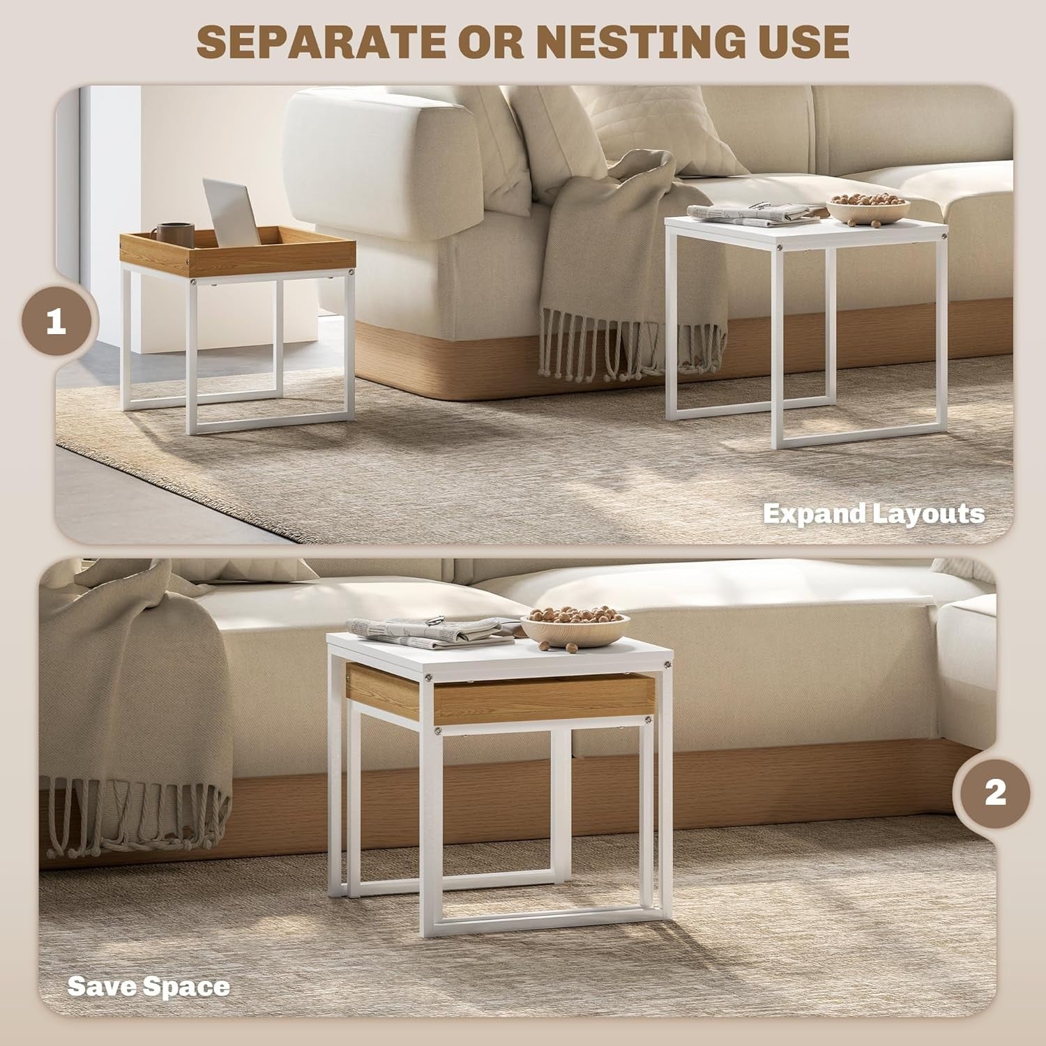 Modern Nesting Coffee Table Set Wood White Square Side End Tables Storage Tray T