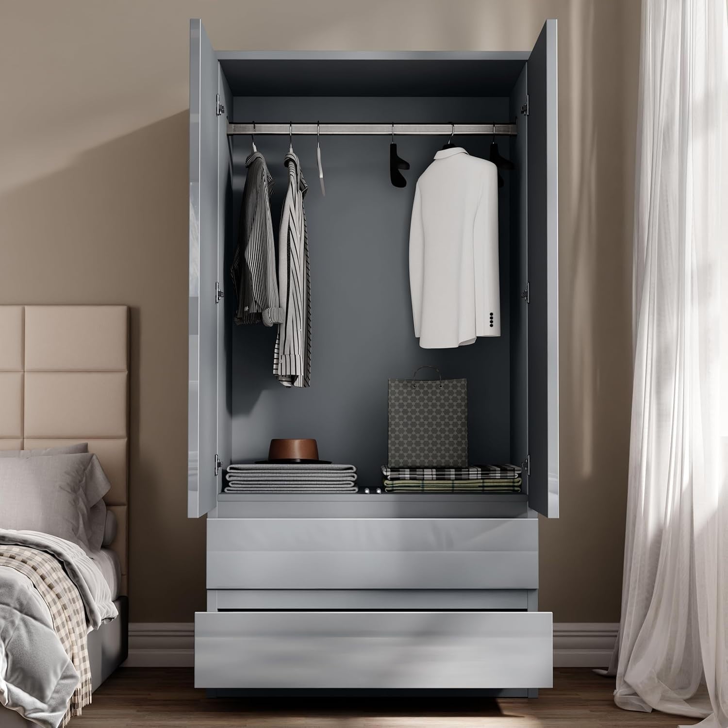 Grey High Gloss Wardrobe 2 Door 2 Drawer Hanging Rail Bedroom Storage