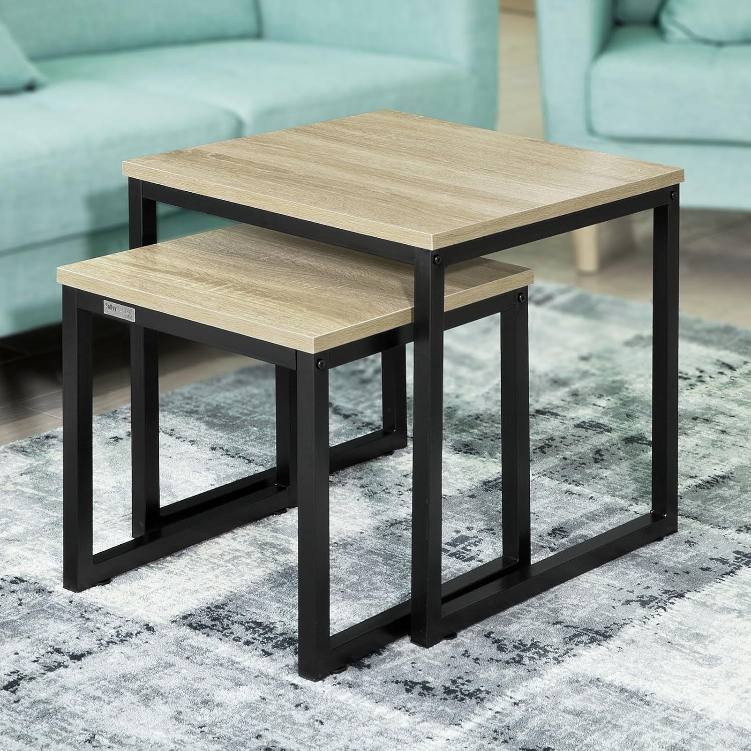 2pc Nested End Tables Natural Wood & Black Metal Frame Coffee Side Lamp Set