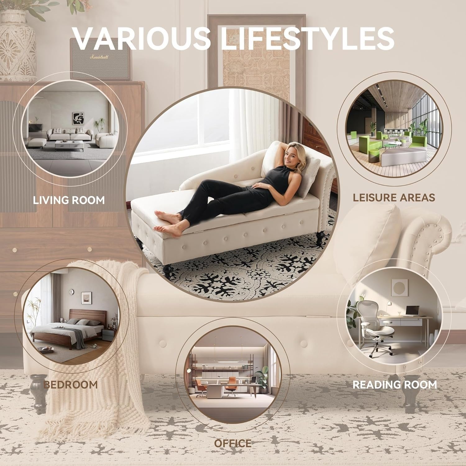 Chaise Lounge Sofa with Storage Button Tufted Velvet Ergonomic Couch