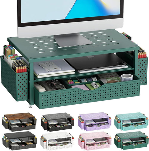 Monitor Stand with Drawer & Pen Holders Desktop Organizer Green