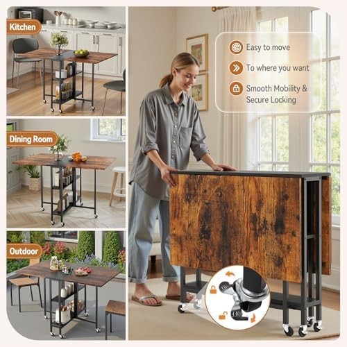 Brown + Black Folding Drop Leaf Dining Table with Shelves & Wheels