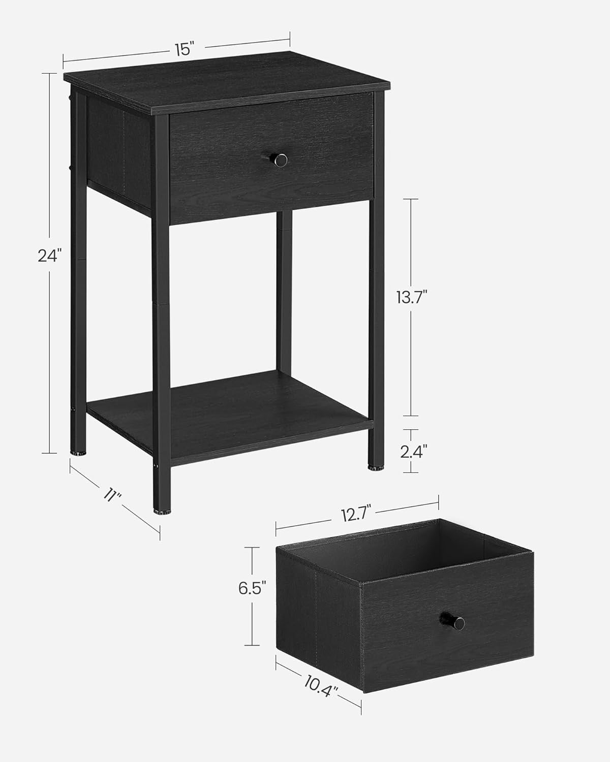 Tall Bedside Table with Drawer & Shelf, Modern 24-Inch Nightstand in Black