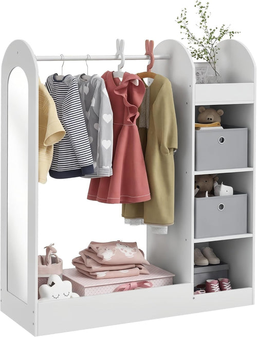 Kids Wardrobe with Mirror & Boxes, Dress Up Rail White