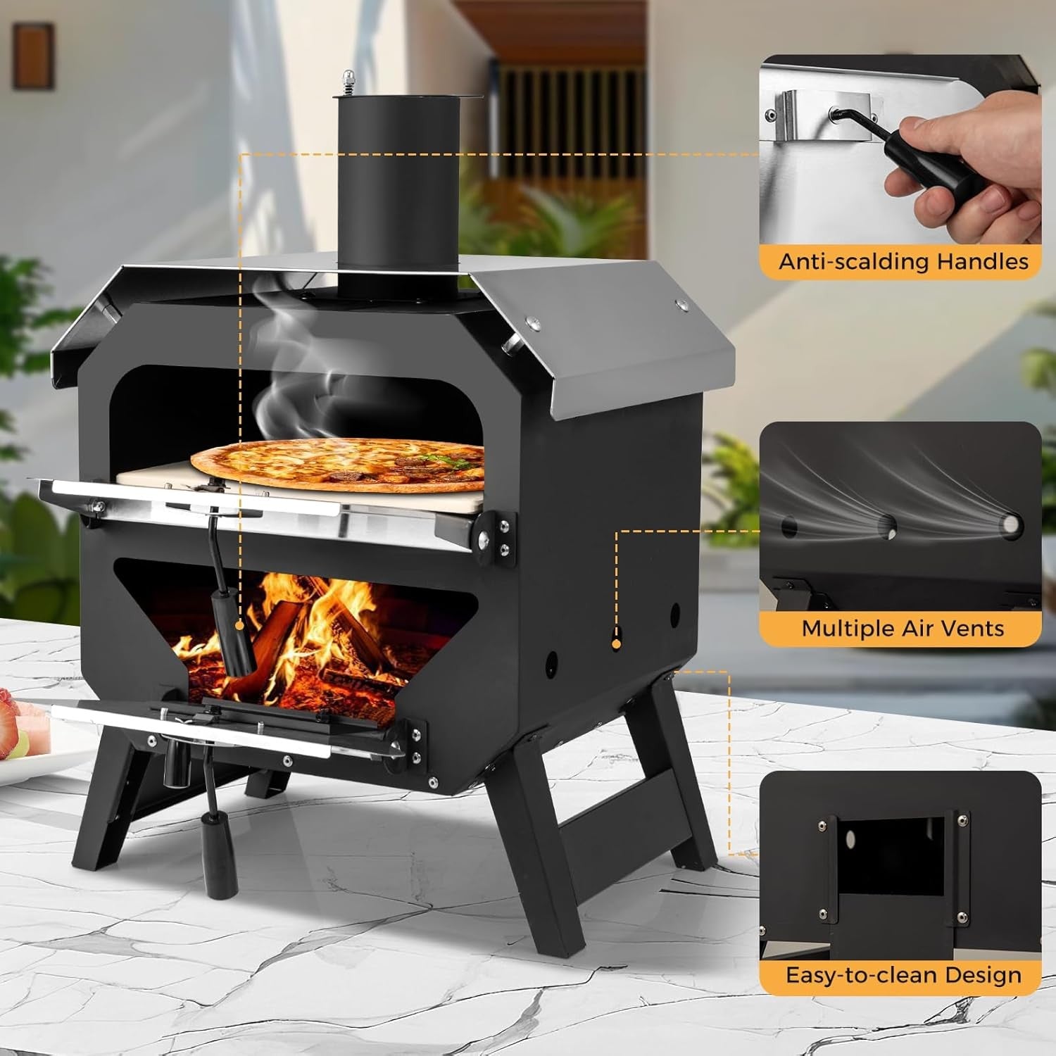 Outdoor Wood Fired Pizza Oven 1-Layer with Stone, Peel & Waterproof Cover