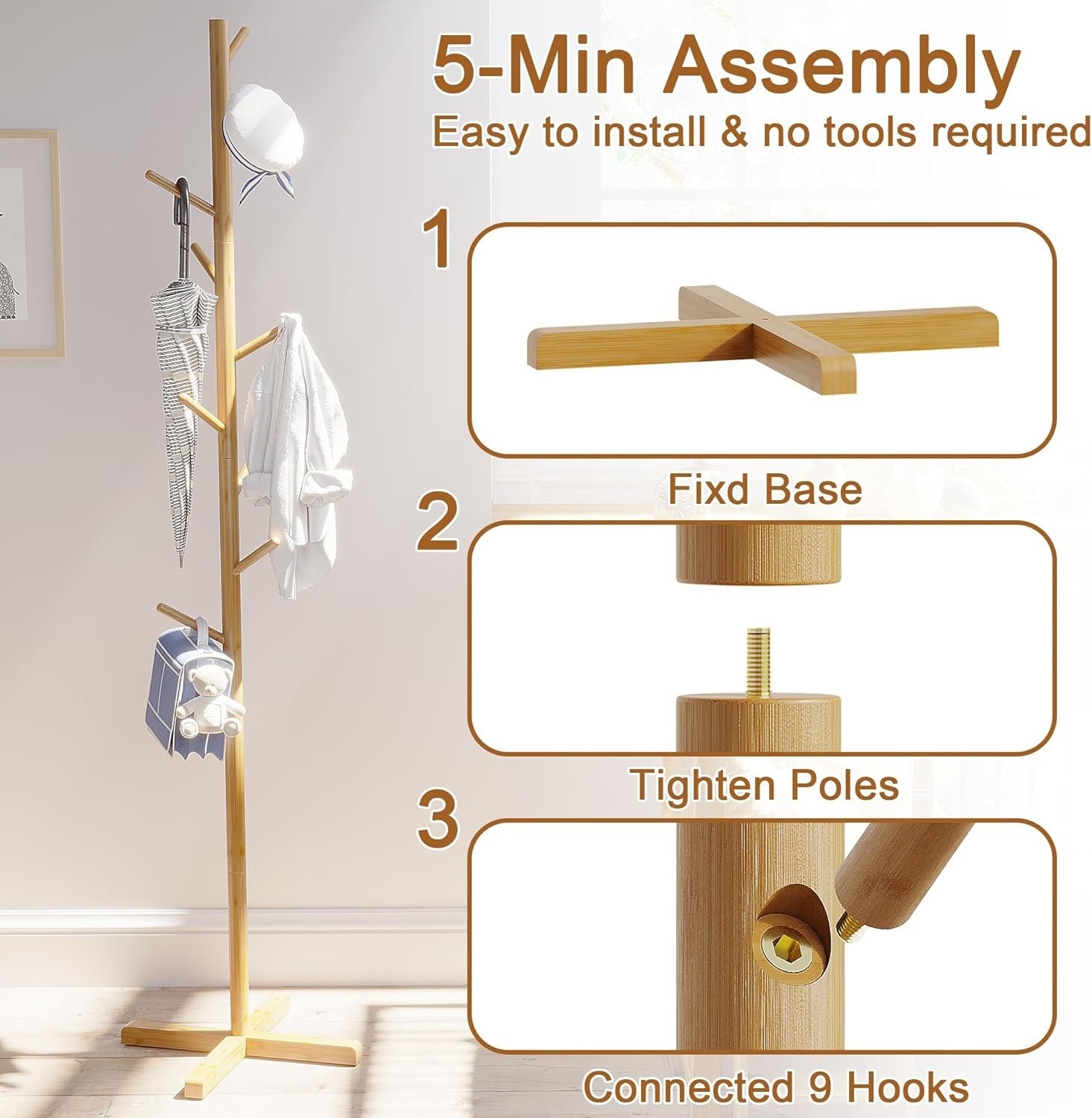 Freestanding Wooden Coat Rack 9 Hooks Adjustable Height Hall Tree Stand