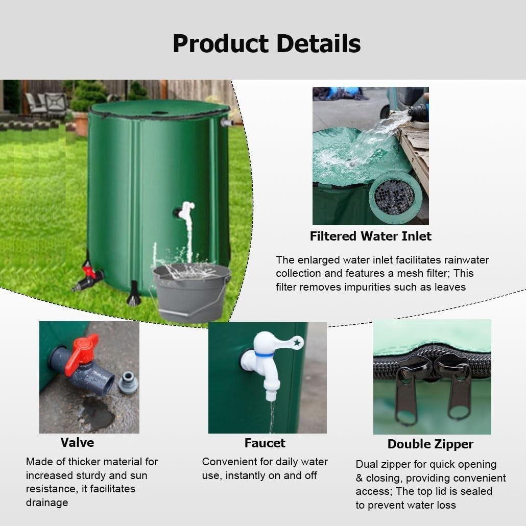 Collapsible Garden Water Butt 250L PVC Rainwater Barrel with Tap & Zip