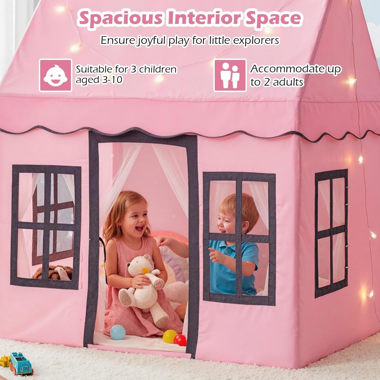 Pink Fairy Castle Kids Play Tent Indoor Large Star Light Playhouse