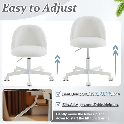 Elegant White Teddy Fleece Swivel Desk Chair Small Adjustable Vanity Seat