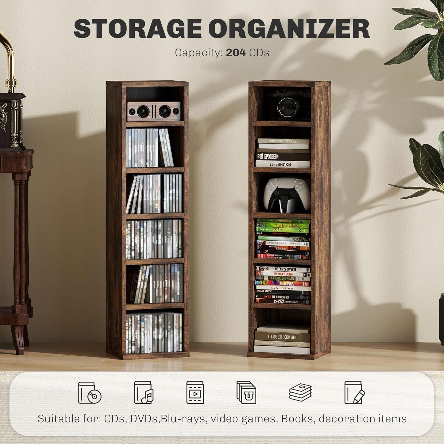 Set of 2 Rustic Brown Media Storage Towers – Adjustable CD DVD Blu-Ray Racks