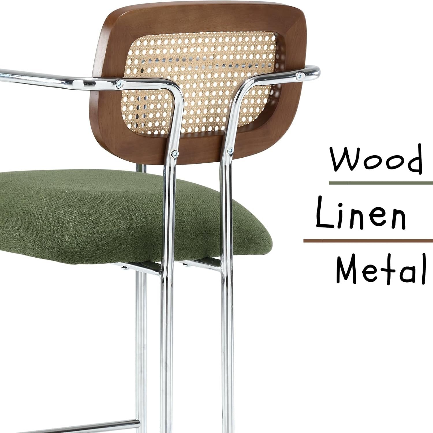 Bar Stools Set of 2 Green Linen Rattan Back Counter Chairs